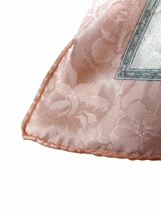 Silk Jacquard Square Scarf White Peach Floral Medallion Print Hand Rolled 29x29" - Picture 10 of 10